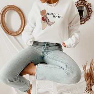 Blush Pink and Ivory Hook 'em Horns Cowgirl Boots Western Sweatshirt